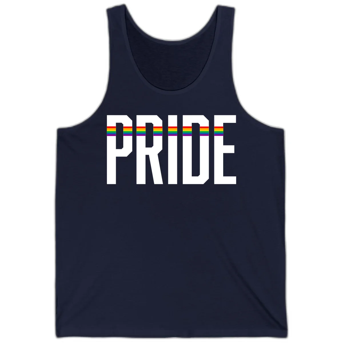 The word PRIDE in large 3D gray block letters with horizontal rainbow pride flag stripes running through the center of each letter against a white background. in Navy