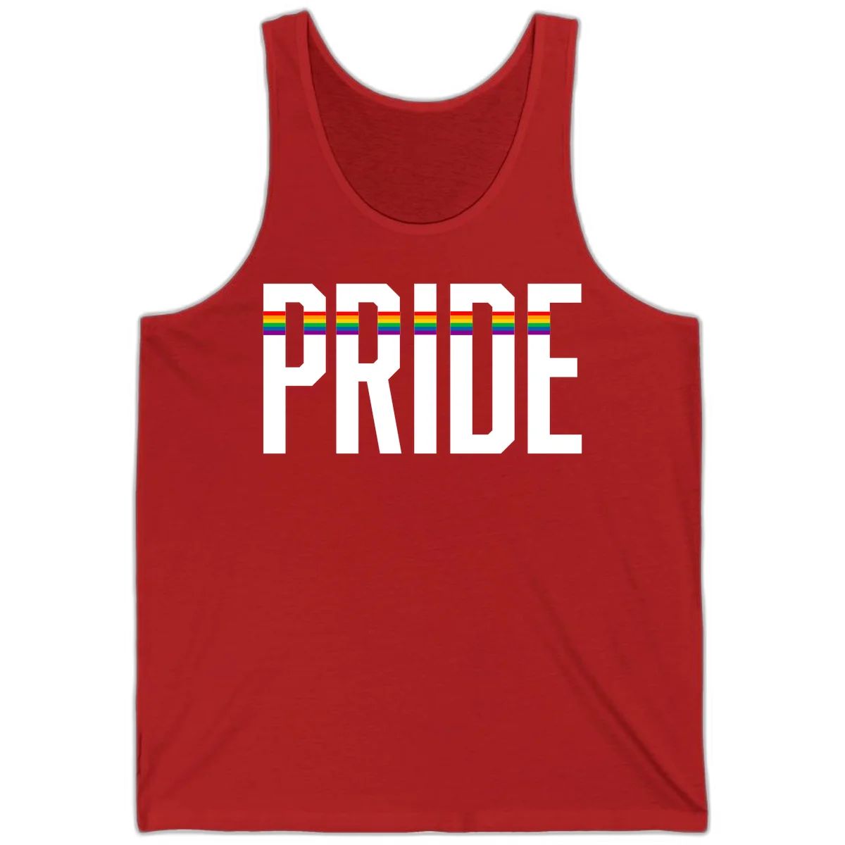 The word PRIDE in large 3D gray block letters with horizontal rainbow pride flag stripes running through the center of each letter against a white background. in Red