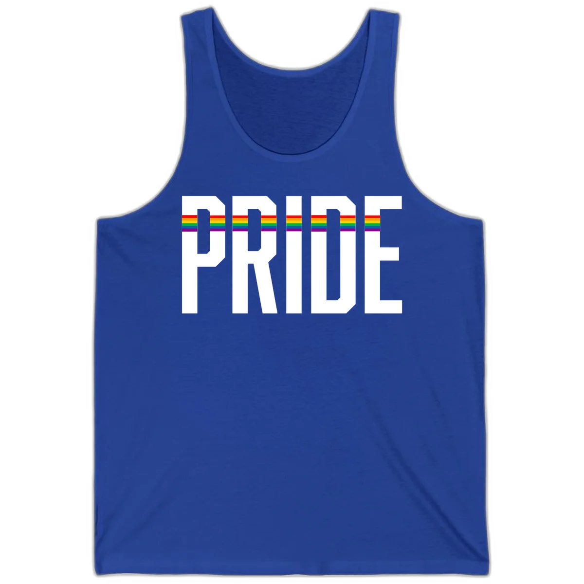 The word PRIDE in large 3D gray block letters with horizontal rainbow pride flag stripes running through the center of each letter against a white background. in True Royal