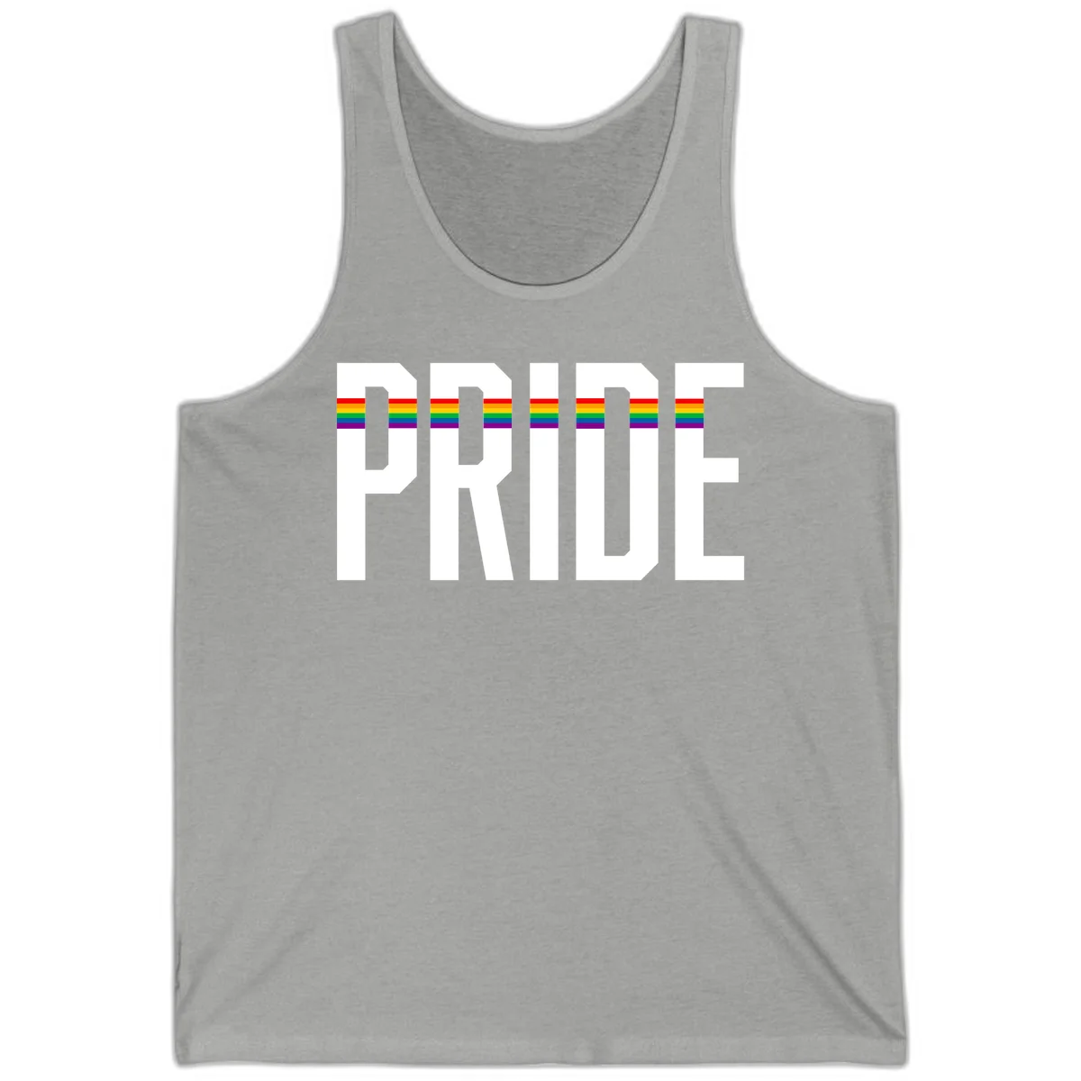 The word PRIDE in large 3D gray block letters with horizontal rainbow pride flag stripes running through the center of each letter against a white background. in Athletic Heather