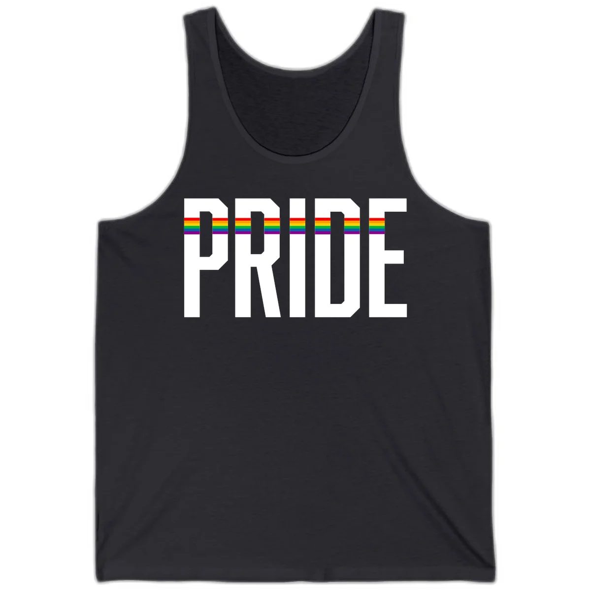 The word PRIDE in large 3D gray block letters with horizontal rainbow pride flag stripes running through the center of each letter against a white background. in Dark Grey