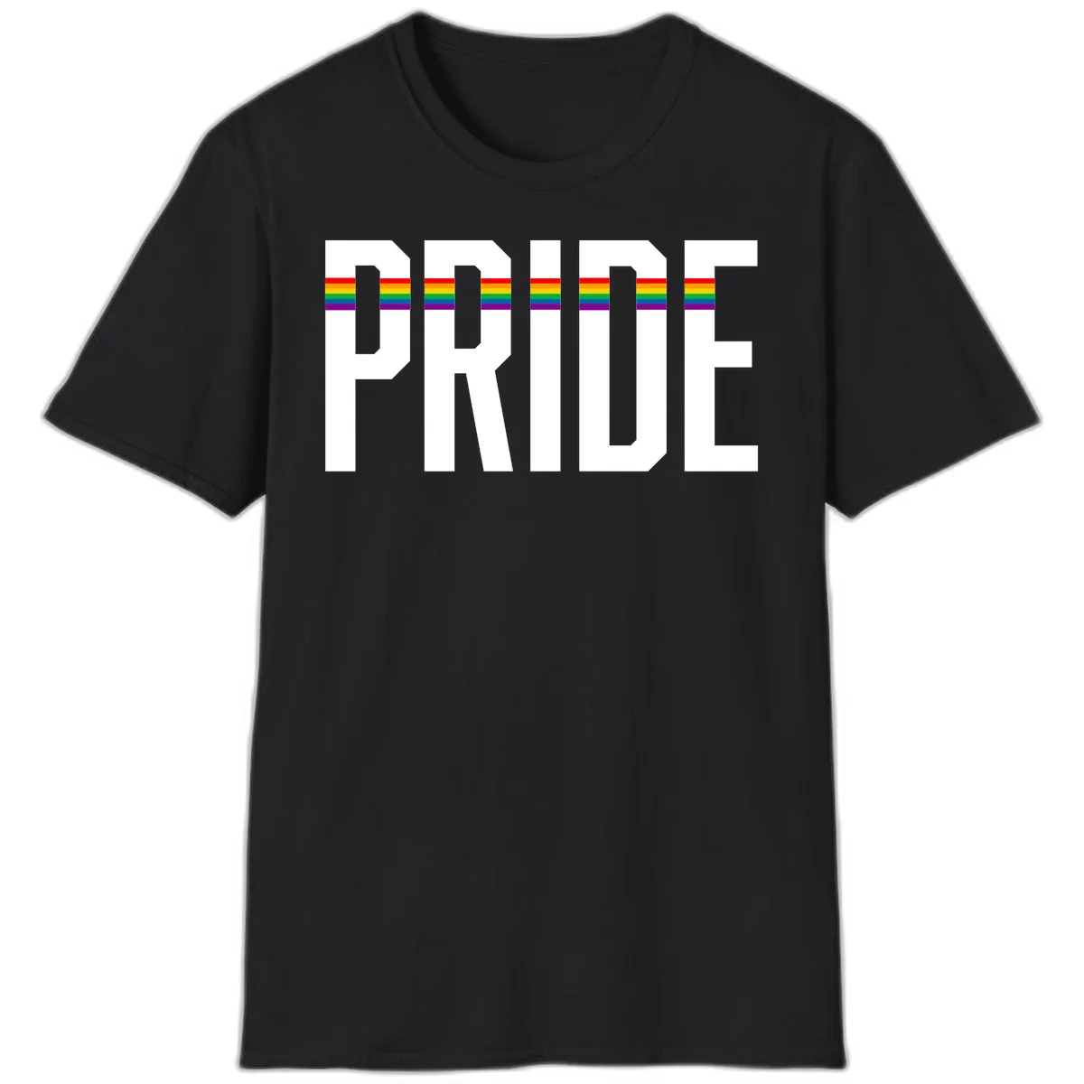 The word PRIDE in large 3D gray block letters with horizontal rainbow pride flag stripes running through the center of each letter against a white background. in Black