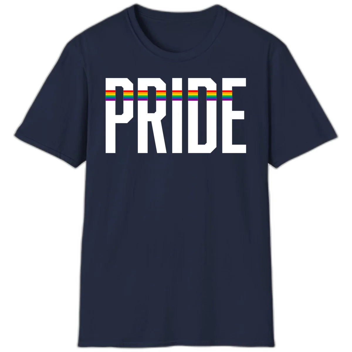 The word PRIDE in large 3D gray block letters with horizontal rainbow pride flag stripes running through the center of each letter against a white background. in Navy
