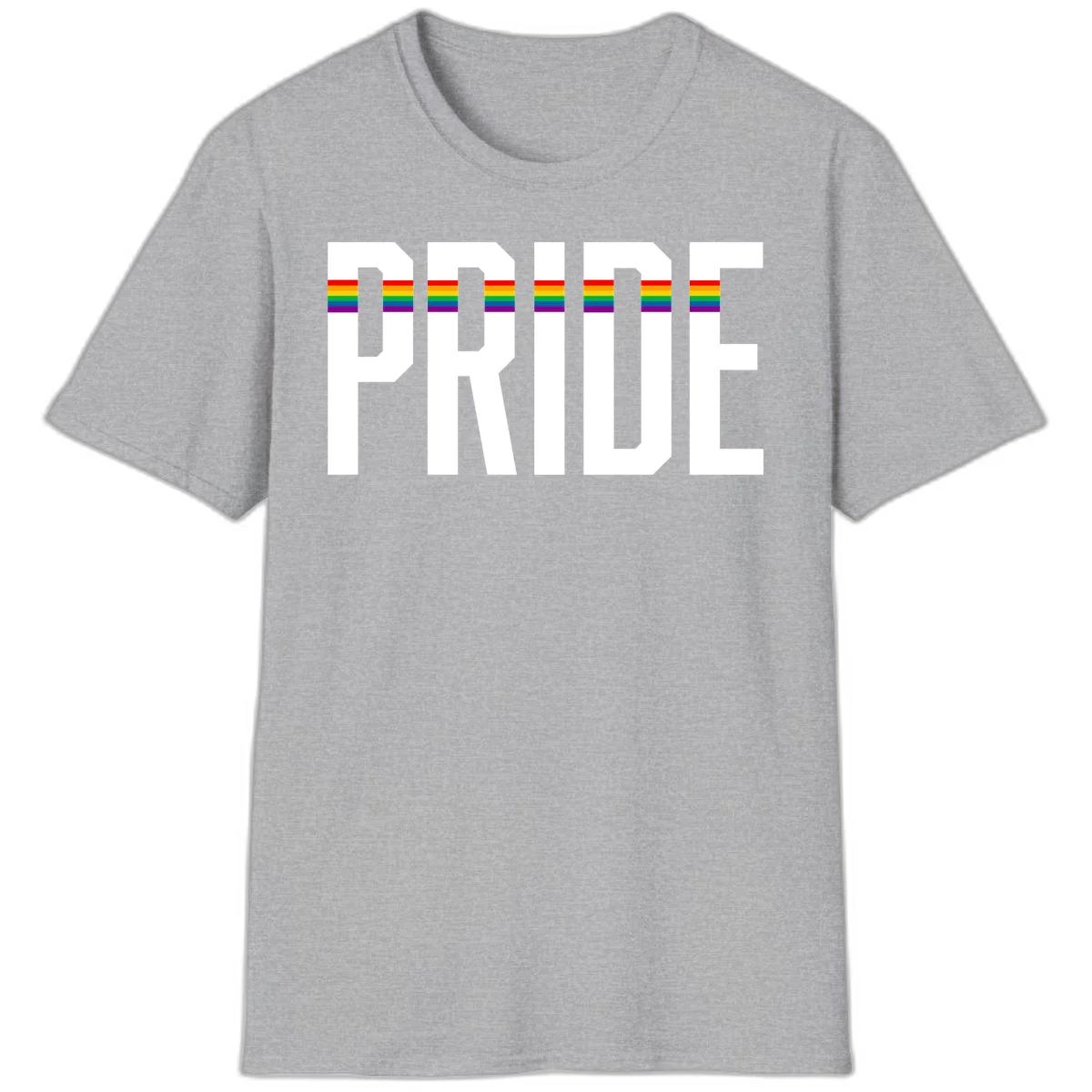 The word PRIDE in large 3D gray block letters with horizontal rainbow pride flag stripes running through the center of each letter against a white background. in Sport Grey