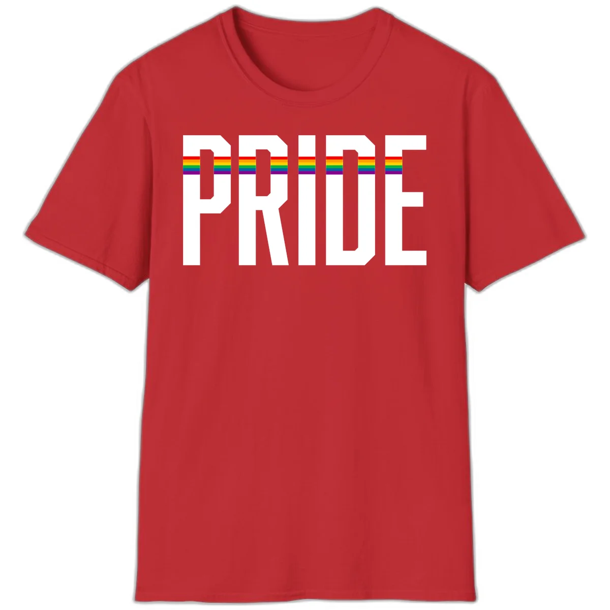 The word PRIDE in large 3D gray block letters with horizontal rainbow pride flag stripes running through the center of each letter against a white background. in Red
