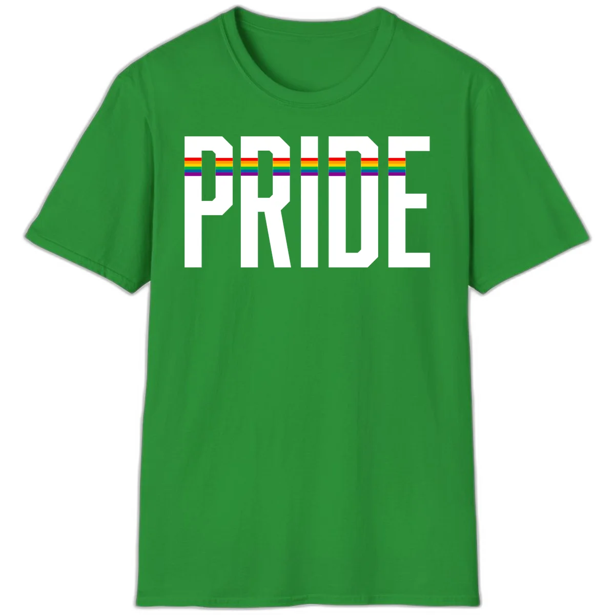 The word PRIDE in large 3D gray block letters with horizontal rainbow pride flag stripes running through the center of each letter against a white background. in Irish Green