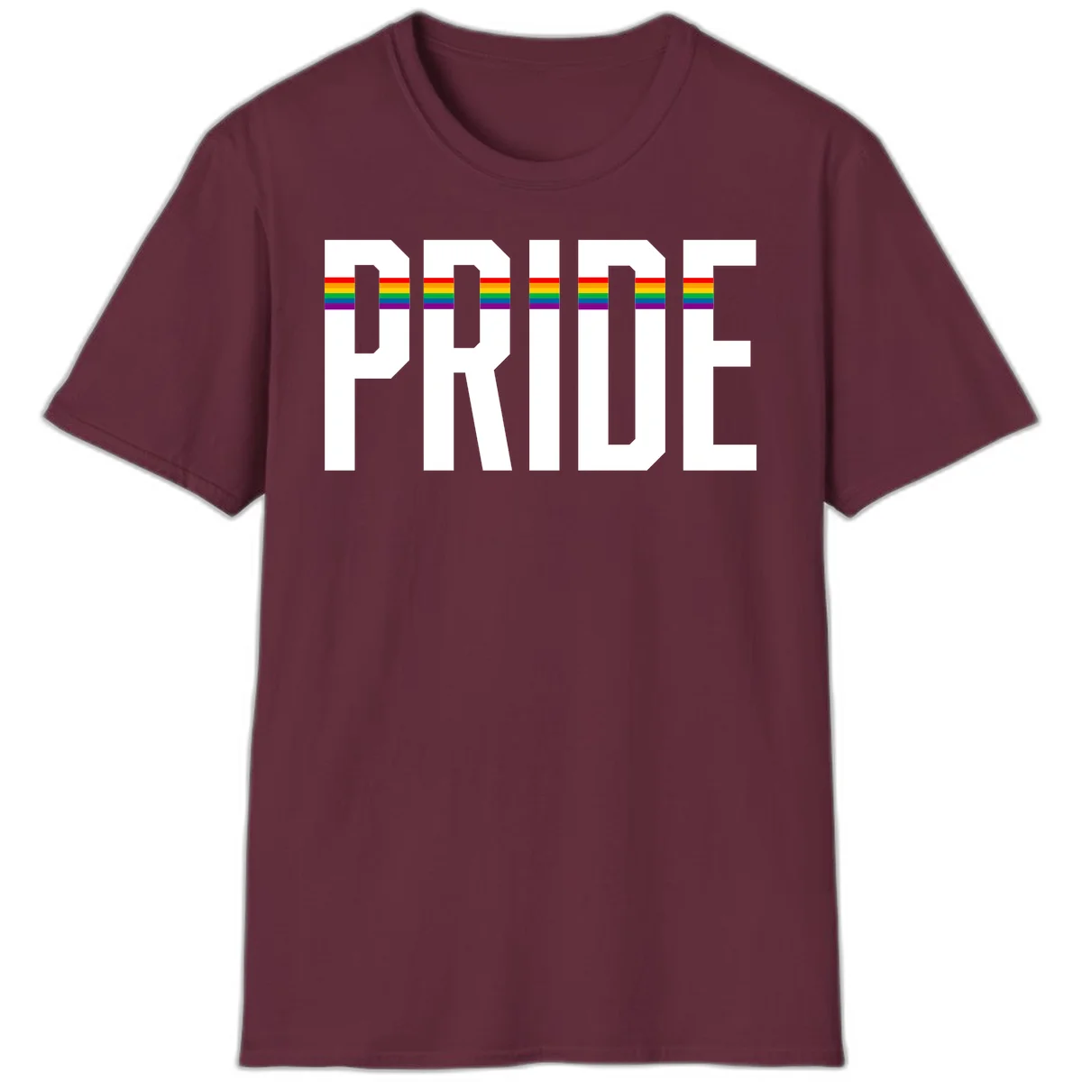 The word PRIDE in large 3D gray block letters with horizontal rainbow pride flag stripes running through the center of each letter against a white background. in Maroon