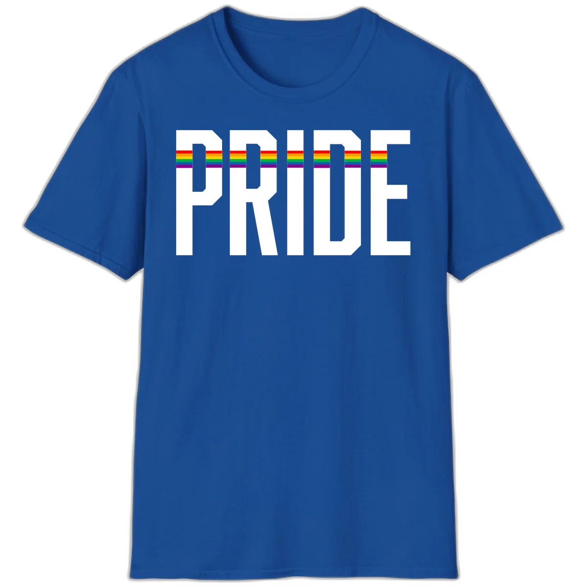The word PRIDE in large 3D gray block letters with horizontal rainbow pride flag stripes running through the center of each letter against a white background. in Royal