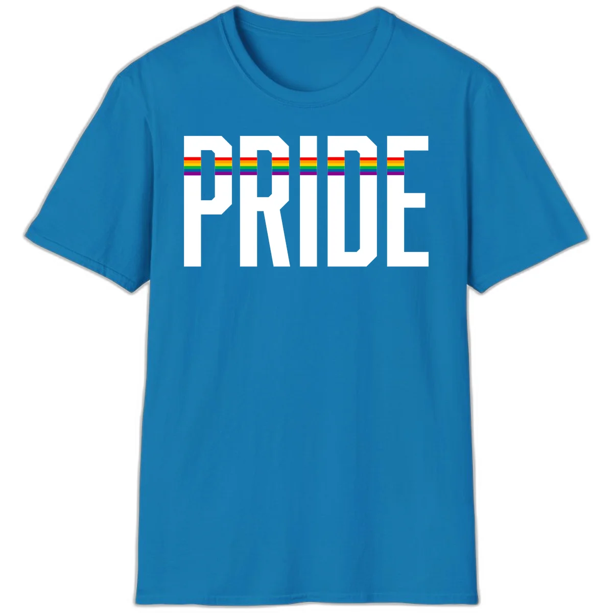 The word PRIDE in large 3D gray block letters with horizontal rainbow pride flag stripes running through the center of each letter against a white background. in Sapphire