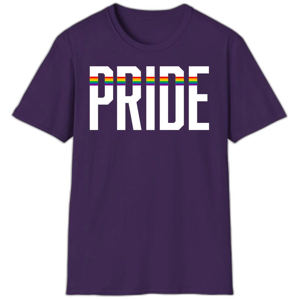 The word PRIDE in large 3D gray block letters with horizontal rainbow pride flag stripes running through the center of each letter against a white background. in Purple