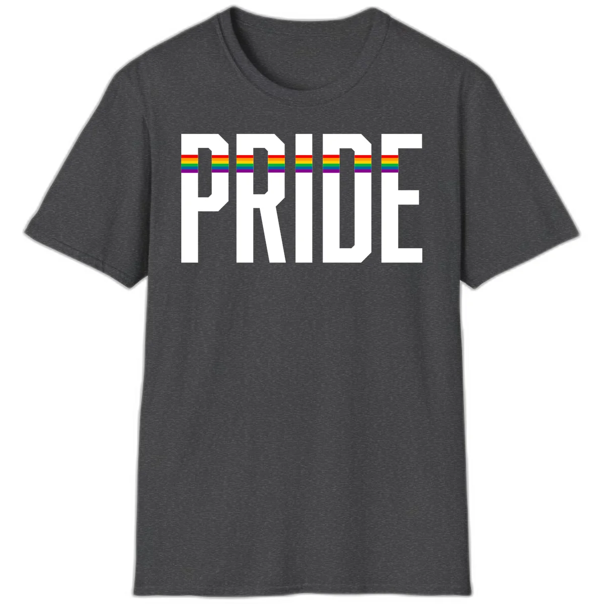The word PRIDE in large 3D gray block letters with horizontal rainbow pride flag stripes running through the center of each letter against a white background. in Dark Heather