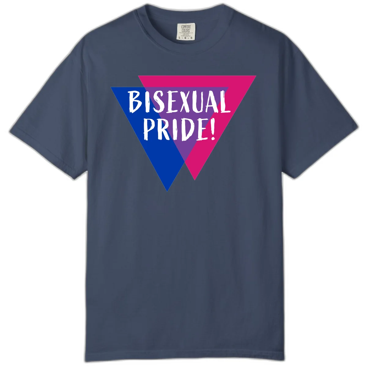 Bisexual pride flag triangle with blue, purple, and magenta sections and white text reading BISEXUAL PRIDE! in Midnight