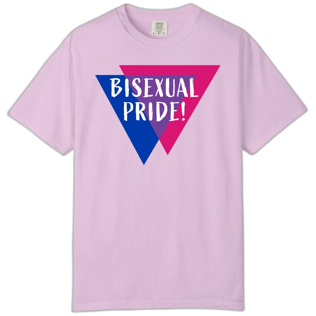 Bisexual pride flag triangle with blue, purple, and magenta sections and white text reading BISEXUAL PRIDE! in Orchid