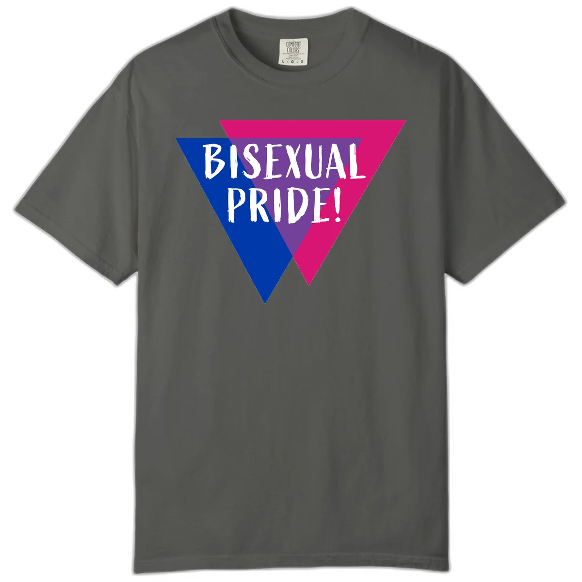 Bisexual pride flag triangle with blue, purple, and magenta sections and white text reading BISEXUAL PRIDE! in Pepper