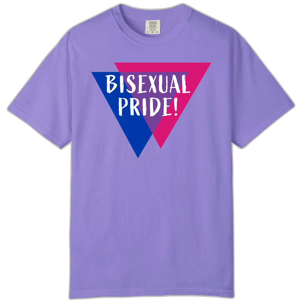 Bisexual pride flag triangle with blue, purple, and magenta sections and white text reading BISEXUAL PRIDE! in Violet
