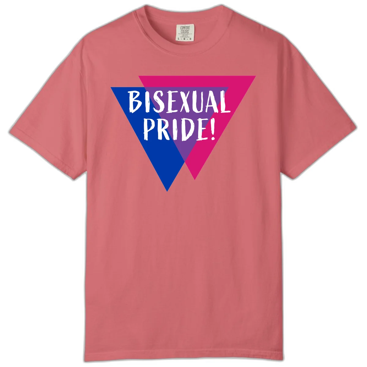 Bisexual pride flag triangle with blue, purple, and magenta sections and white text reading BISEXUAL PRIDE! in Watermelon