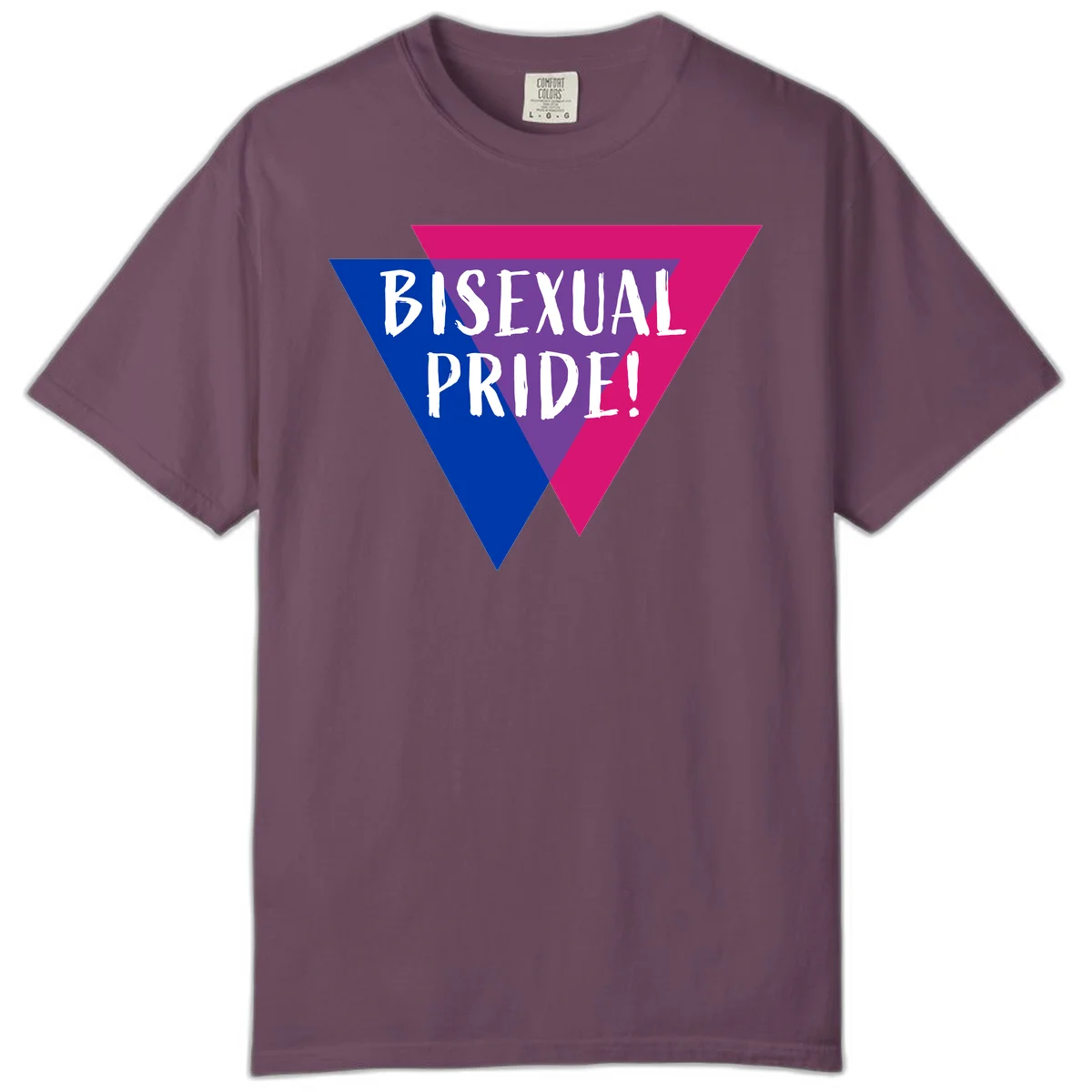Bisexual pride flag triangle with blue, purple, and magenta sections and white text reading BISEXUAL PRIDE! in Berry