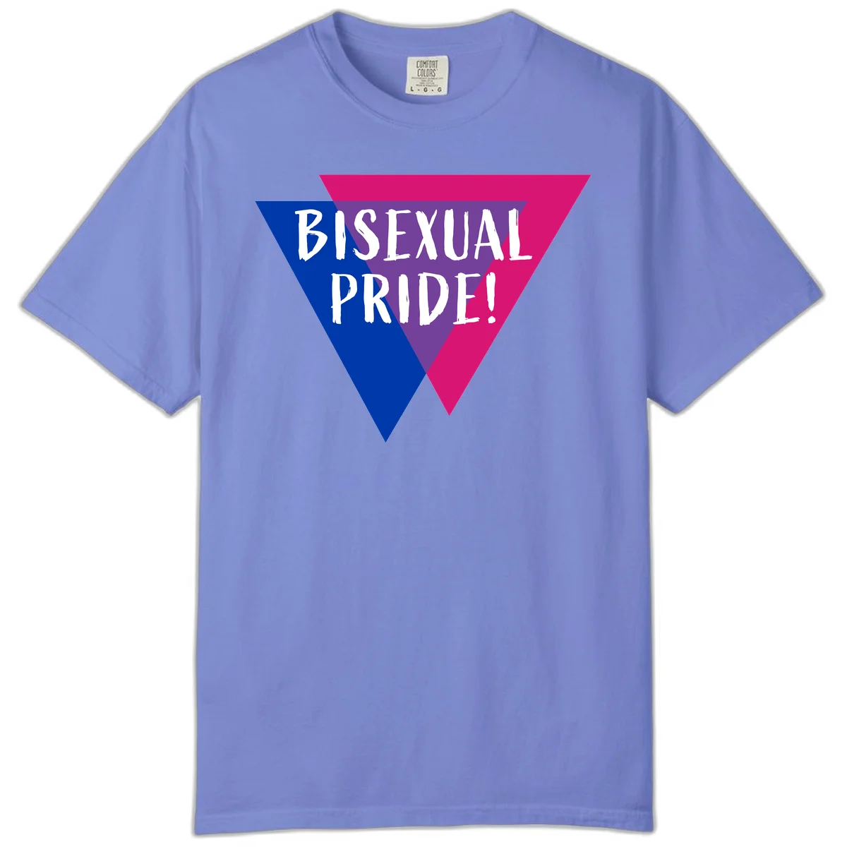Bisexual pride flag triangle with blue, purple, and magenta sections and white text reading BISEXUAL PRIDE! in Flo Blue