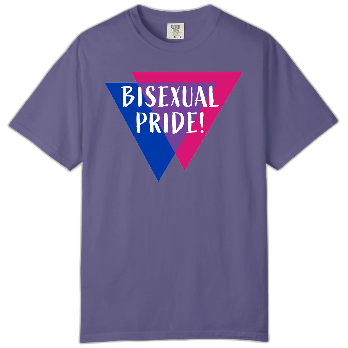 Bisexual pride flag triangle with blue, purple, and magenta sections and white text reading BISEXUAL PRIDE! in Grape