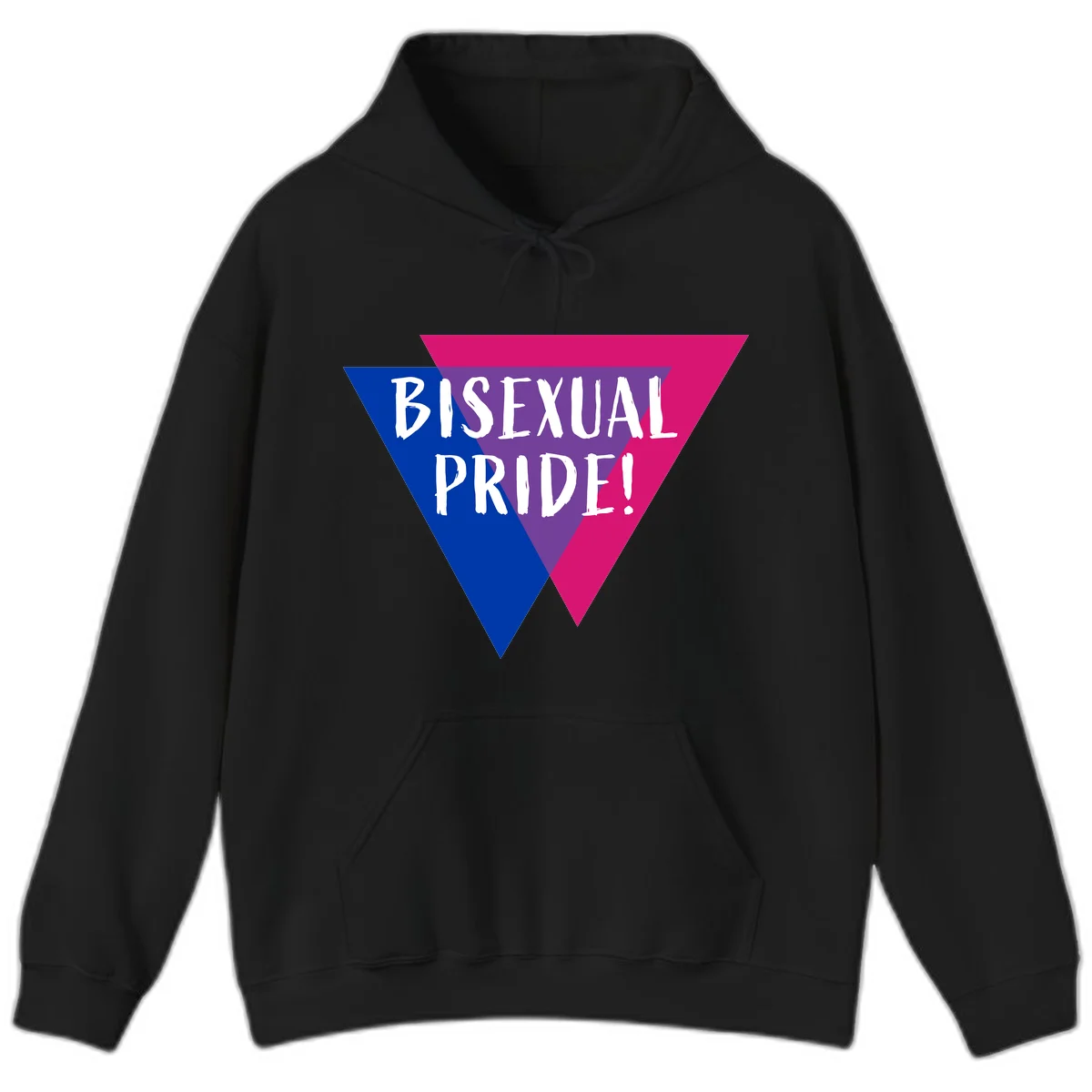 Bisexual pride flag triangle with blue, purple, and magenta sections and white text reading BISEXUAL PRIDE! in Black