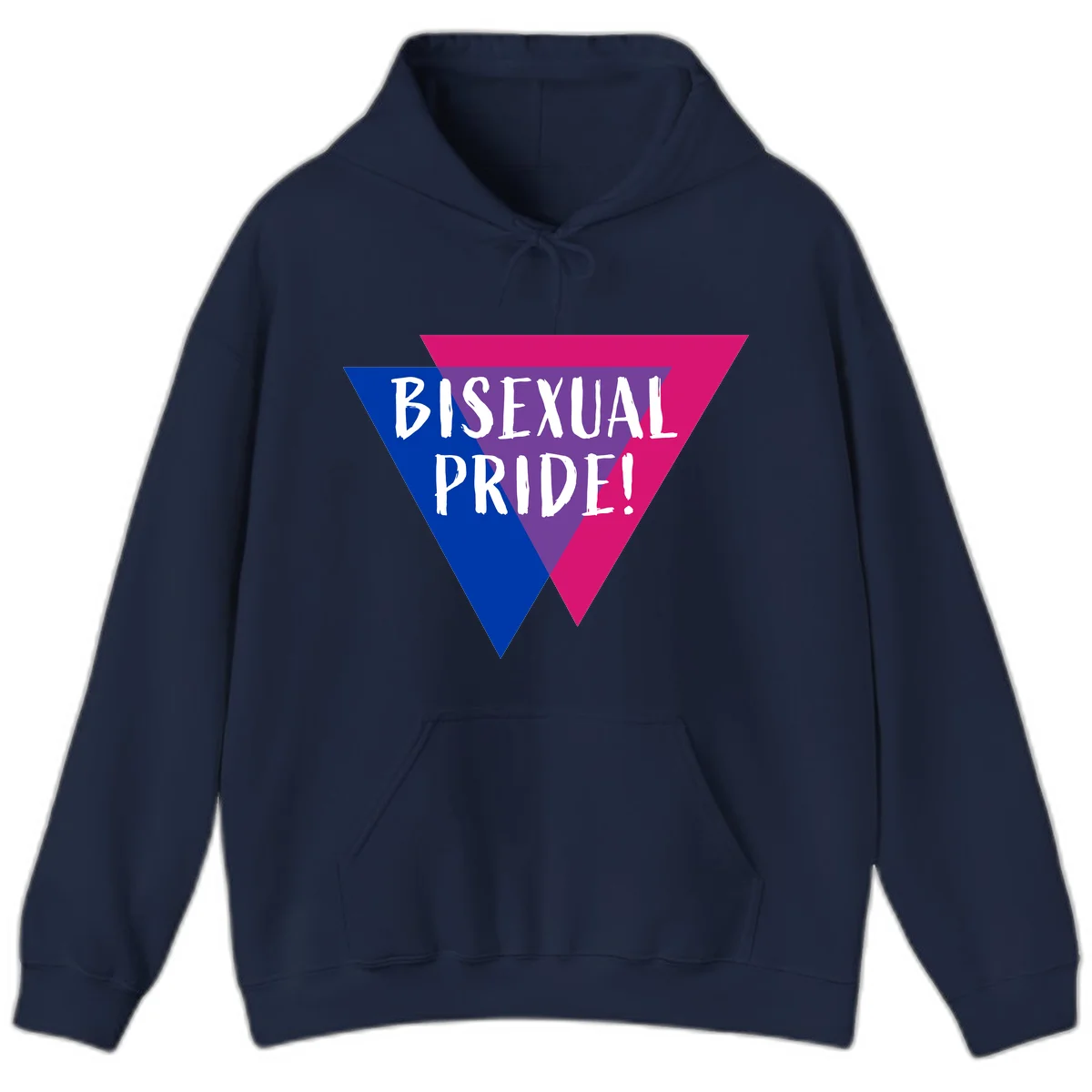 Bisexual pride flag triangle with blue, purple, and magenta sections and white text reading BISEXUAL PRIDE! in Navy