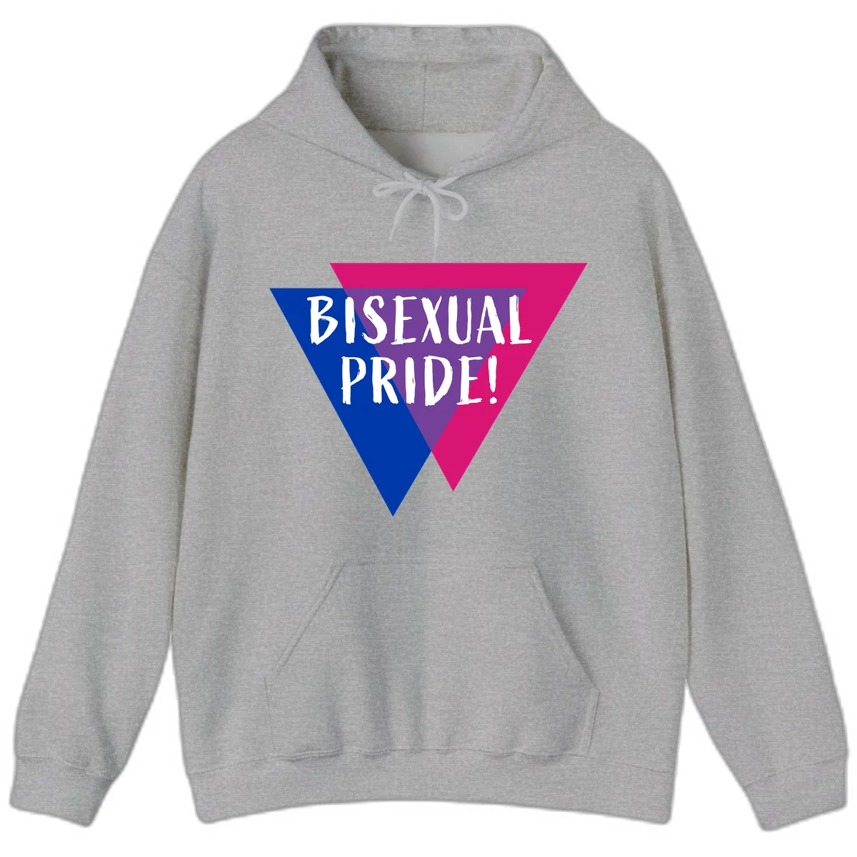 Bisexual pride flag triangle with blue, purple, and magenta sections and white text reading BISEXUAL PRIDE! in Sport Grey