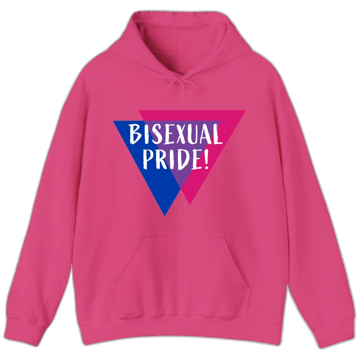 Bisexual pride flag triangle with blue, purple, and magenta sections and white text reading BISEXUAL PRIDE! in Heliconia