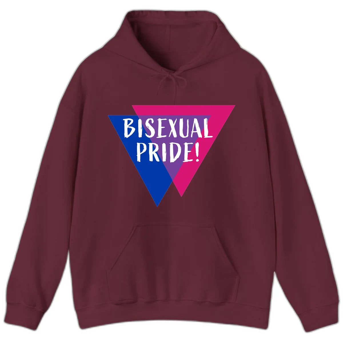 Bisexual pride flag triangle with blue, purple, and magenta sections and white text reading BISEXUAL PRIDE! in Maroon
