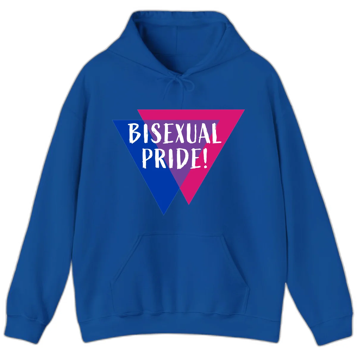 Bisexual pride flag triangle with blue, purple, and magenta sections and white text reading BISEXUAL PRIDE! in Royal