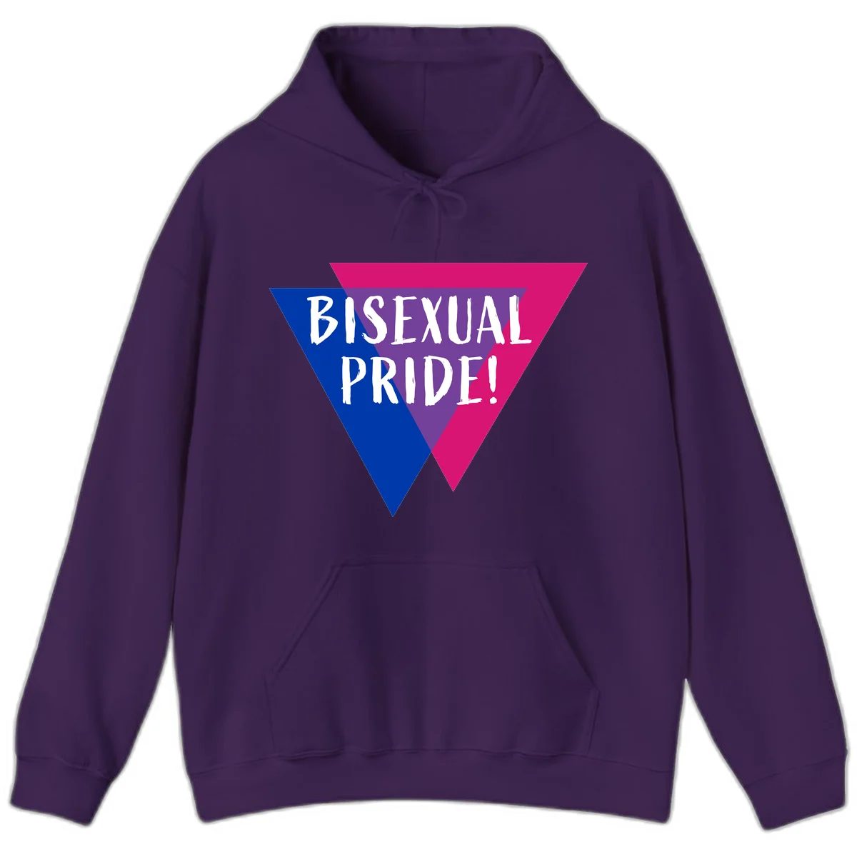 Bisexual pride flag triangle with blue, purple, and magenta sections and white text reading BISEXUAL PRIDE! in Purple