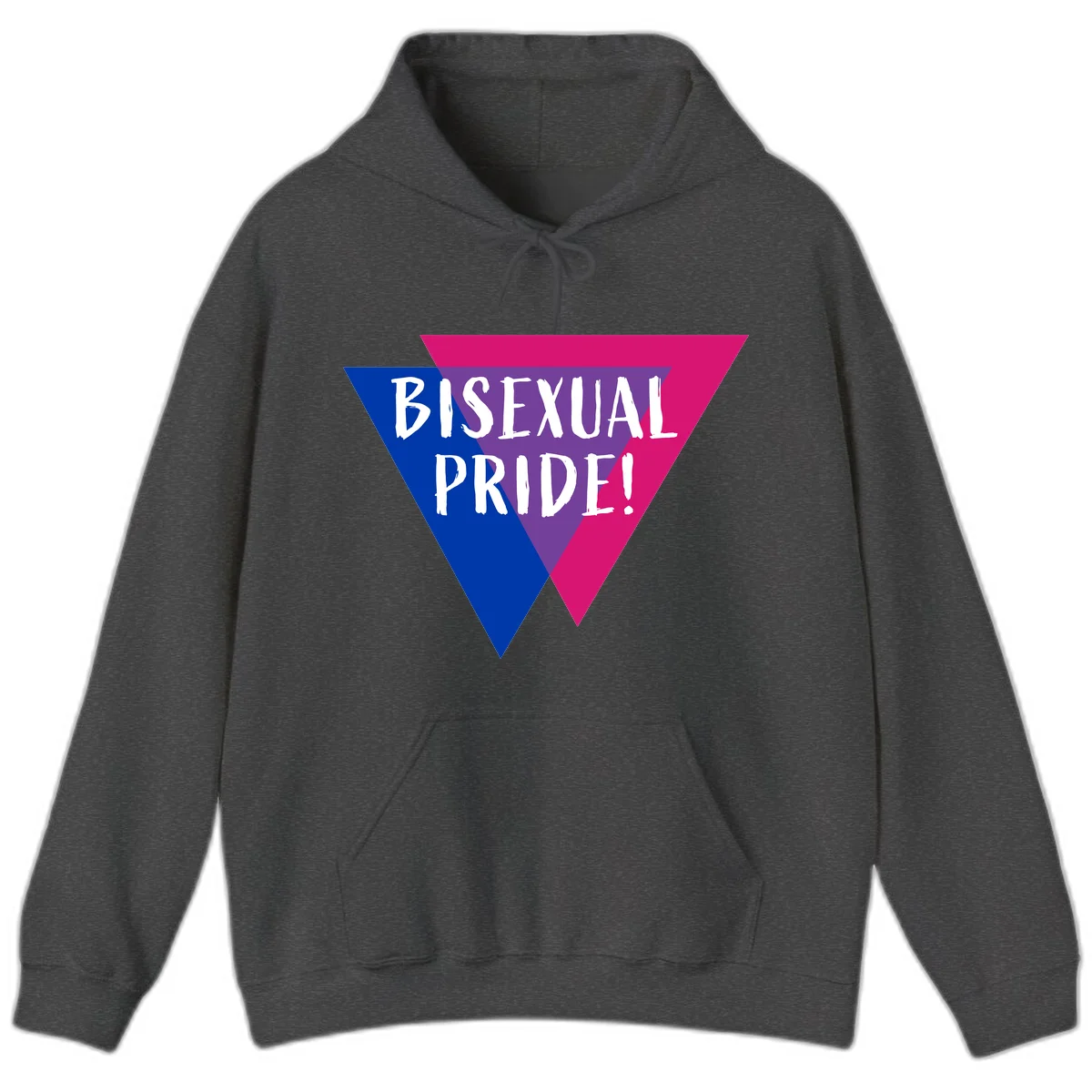 Bisexual pride flag triangle with blue, purple, and magenta sections and white text reading BISEXUAL PRIDE! in Dark Heather