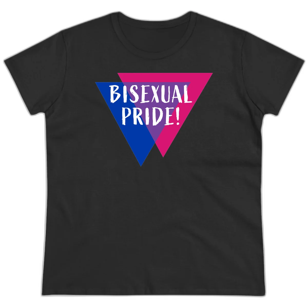 Bisexual pride flag triangle with blue, purple, and magenta sections and white text reading BISEXUAL PRIDE! in Black
