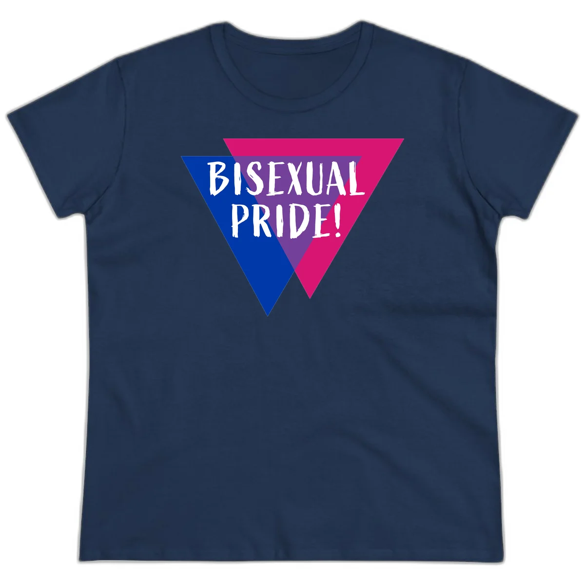 Bisexual pride flag triangle with blue, purple, and magenta sections and white text reading BISEXUAL PRIDE! in Navy