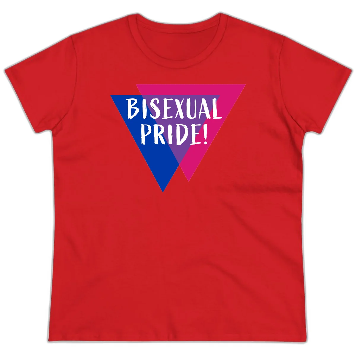 Bisexual pride flag triangle with blue, purple, and magenta sections and white text reading BISEXUAL PRIDE! in Red