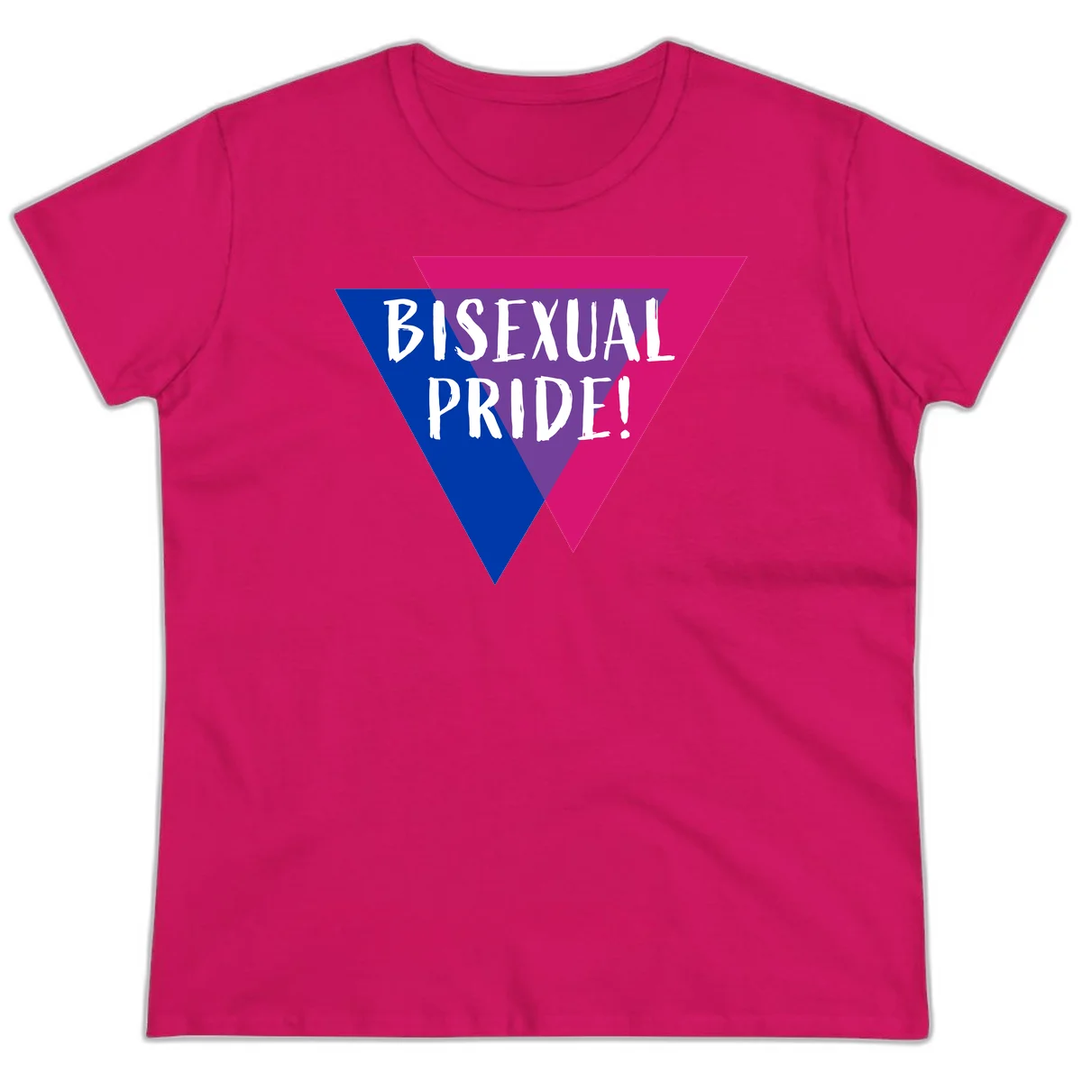 Bisexual pride flag triangle with blue, purple, and magenta sections and white text reading BISEXUAL PRIDE! in Heliconia