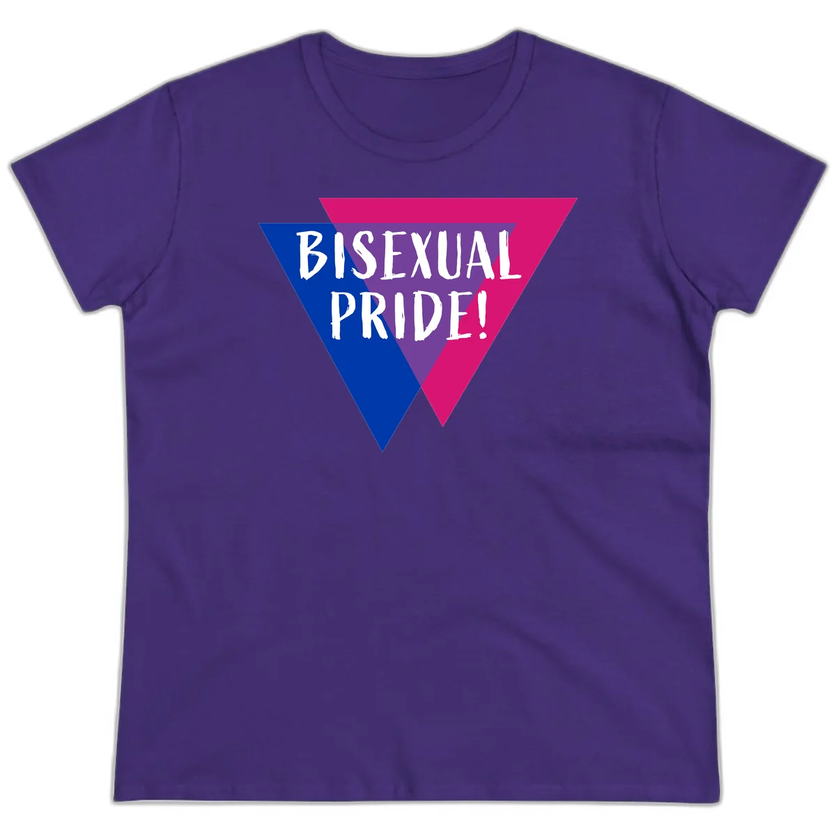 Bisexual pride flag triangle with blue, purple, and magenta sections and white text reading BISEXUAL PRIDE! in Purple