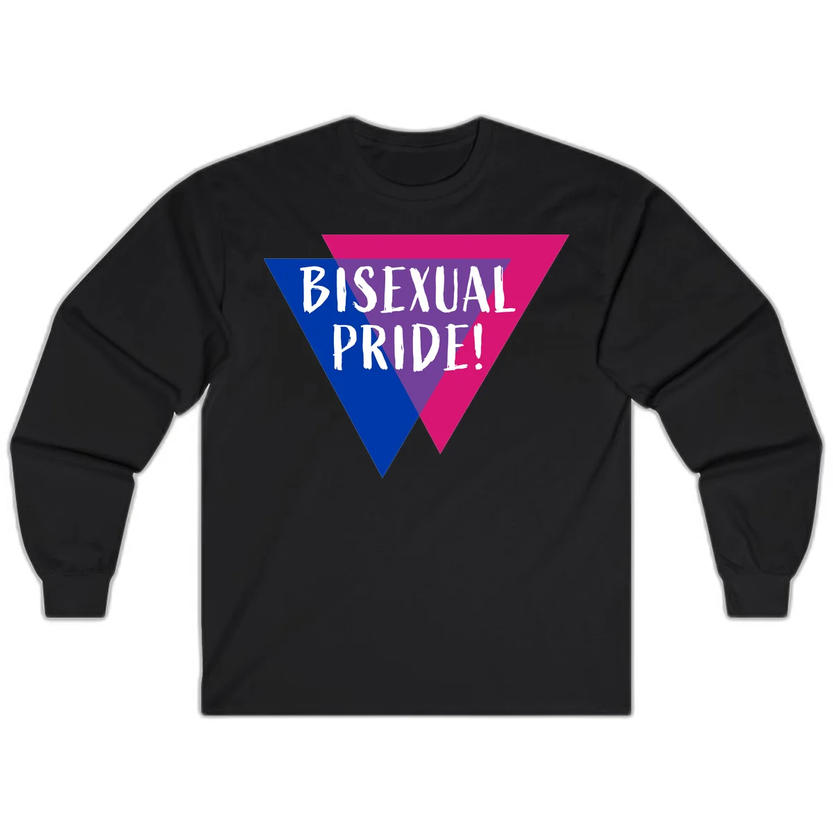 Bisexual pride flag triangle with blue, purple, and magenta sections and white text reading BISEXUAL PRIDE! in Black