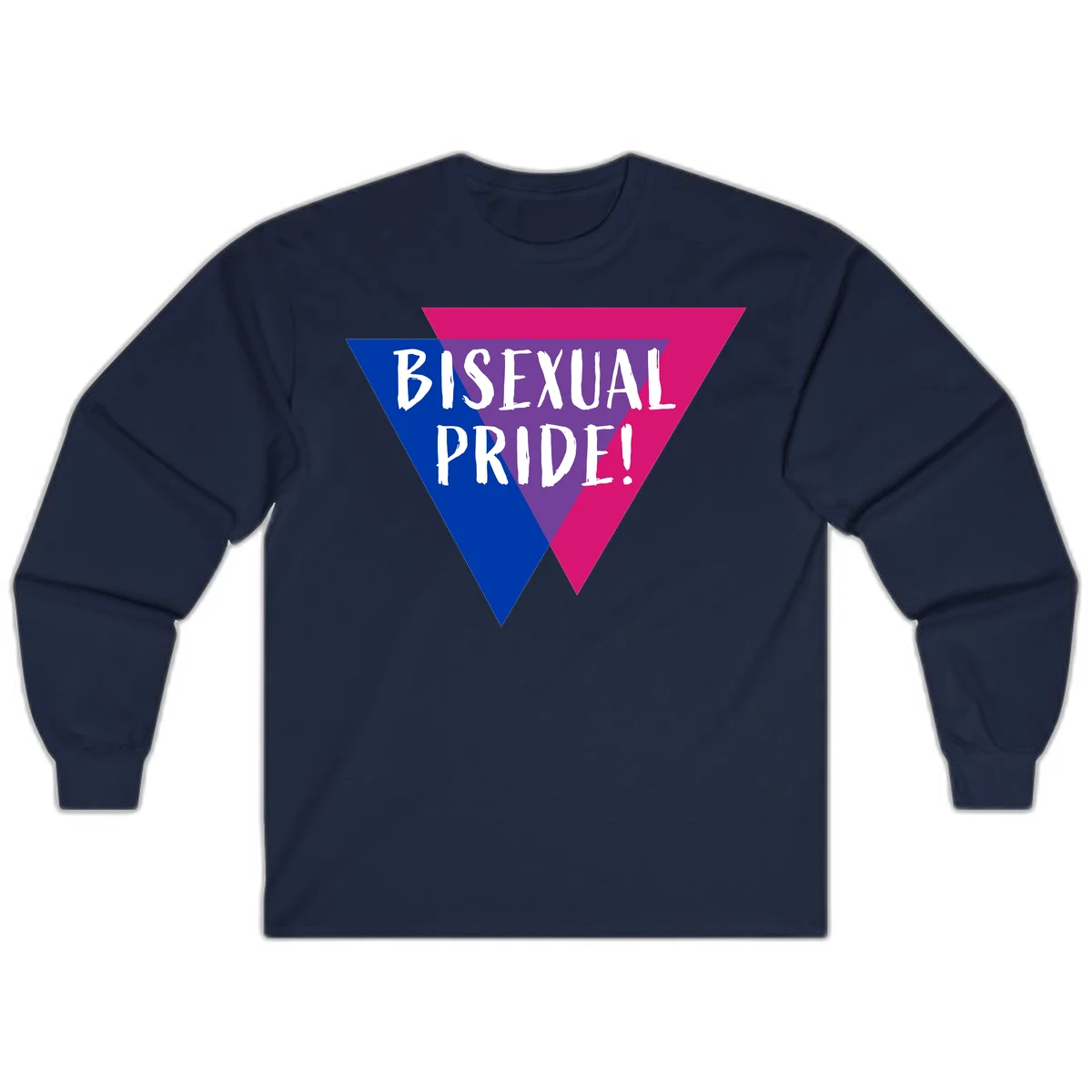 Bisexual pride flag triangle with blue, purple, and magenta sections and white text reading BISEXUAL PRIDE! in Navy