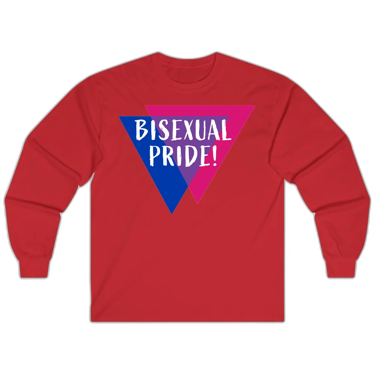 Bisexual pride flag triangle with blue, purple, and magenta sections and white text reading BISEXUAL PRIDE! in Red