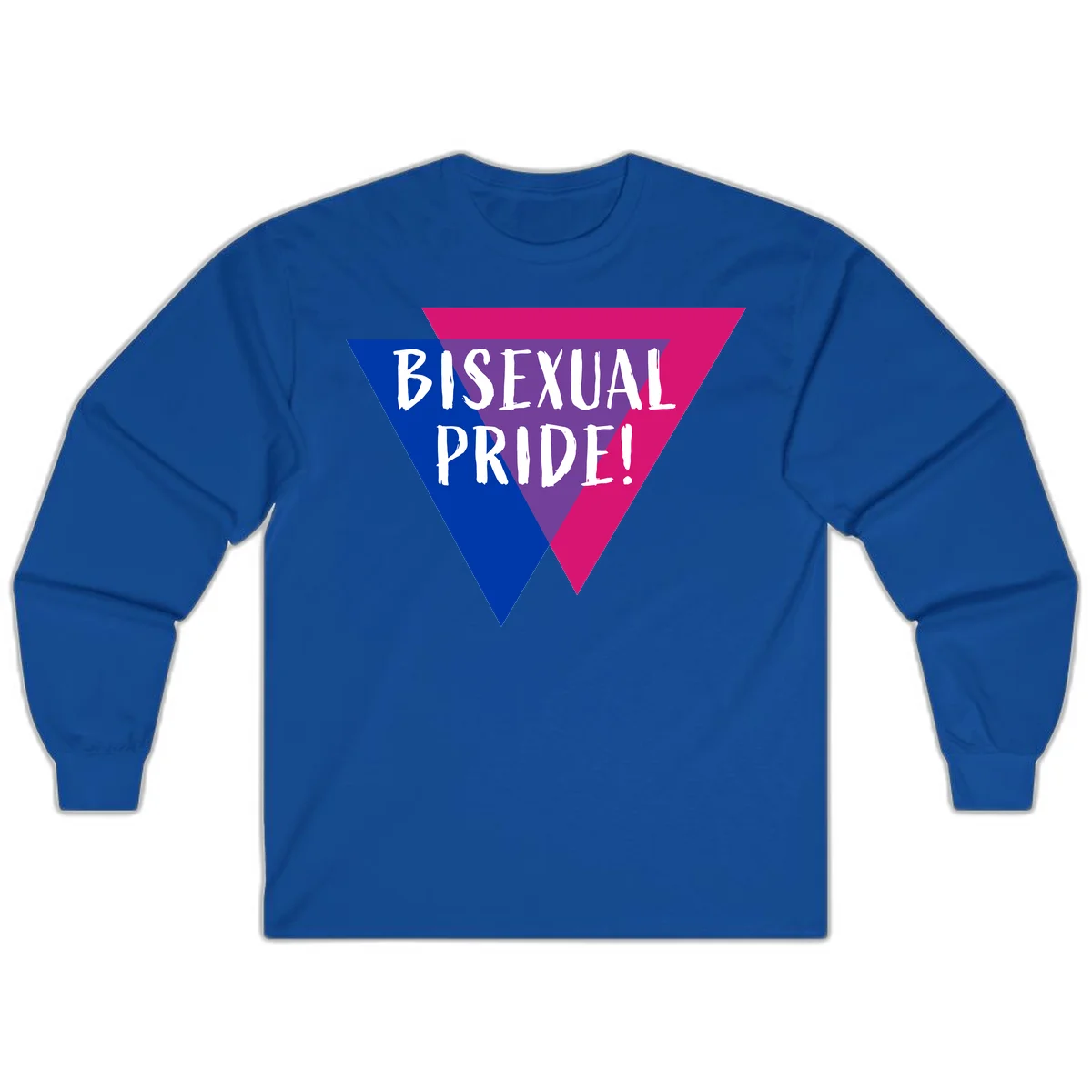 Bisexual pride flag triangle with blue, purple, and magenta sections and white text reading BISEXUAL PRIDE! in Royal