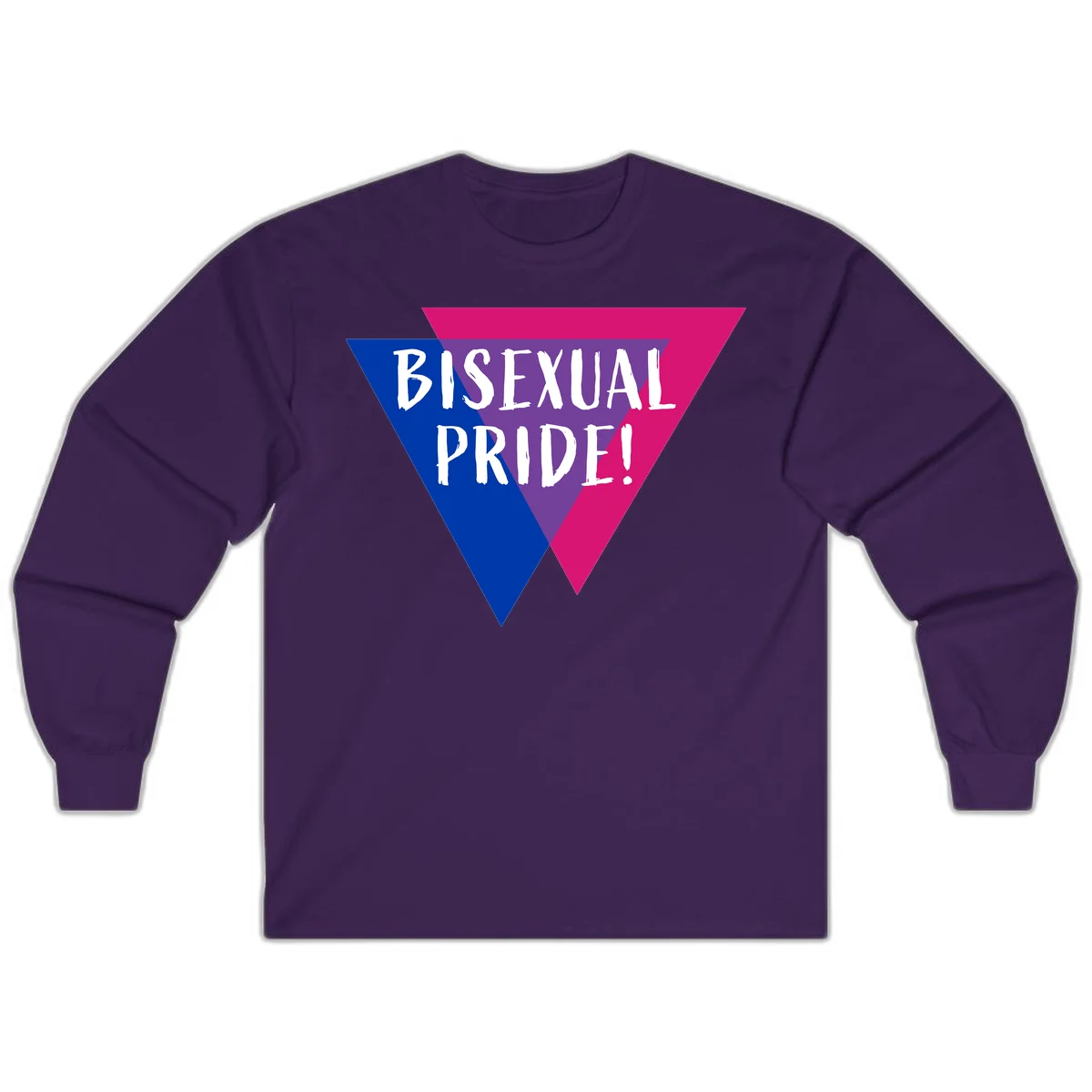 Bisexual pride flag triangle with blue, purple, and magenta sections and white text reading BISEXUAL PRIDE! in Purple