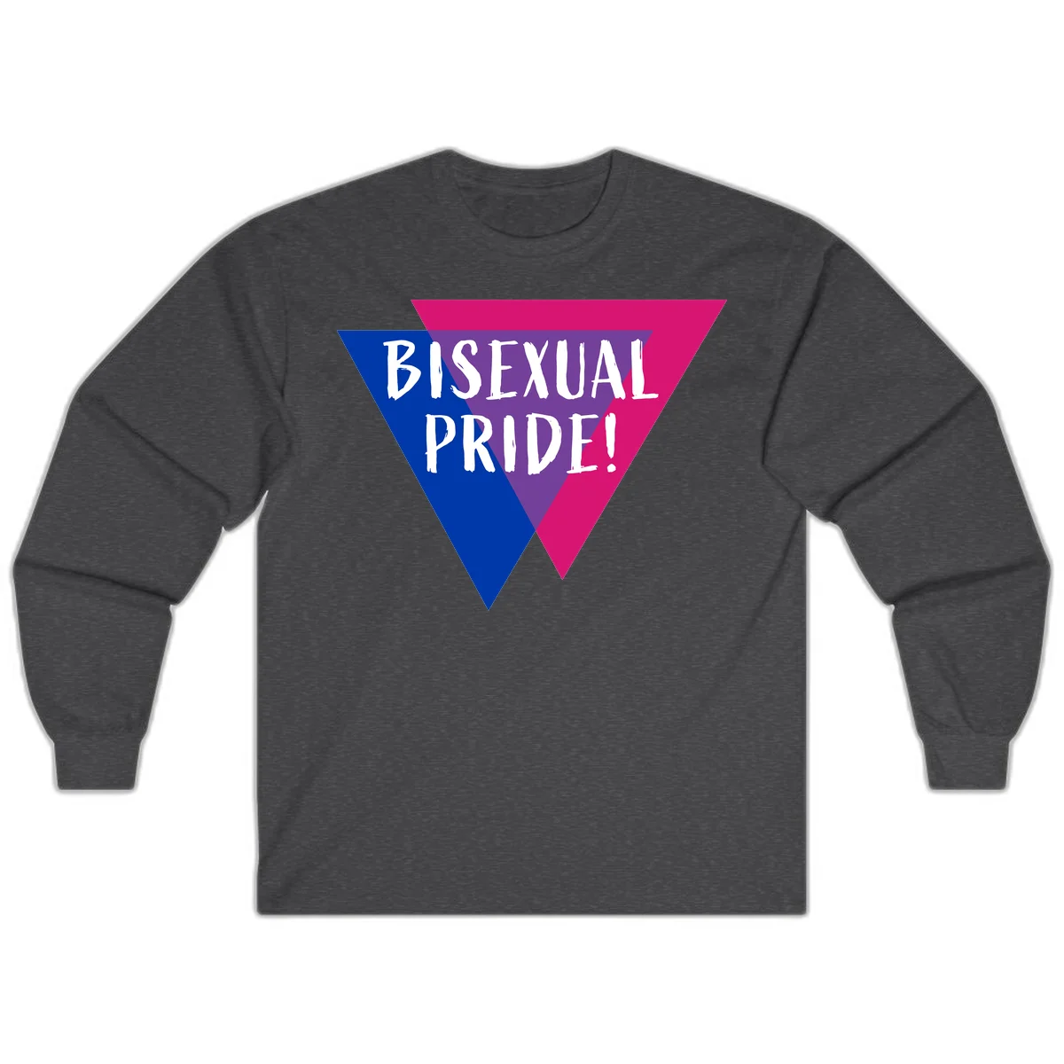 Bisexual pride flag triangle with blue, purple, and magenta sections and white text reading BISEXUAL PRIDE! in Dark Heather