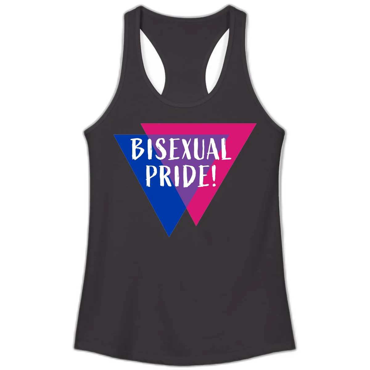 Bisexual pride flag triangle with blue, purple, and magenta sections and white text reading BISEXUAL PRIDE! in Black