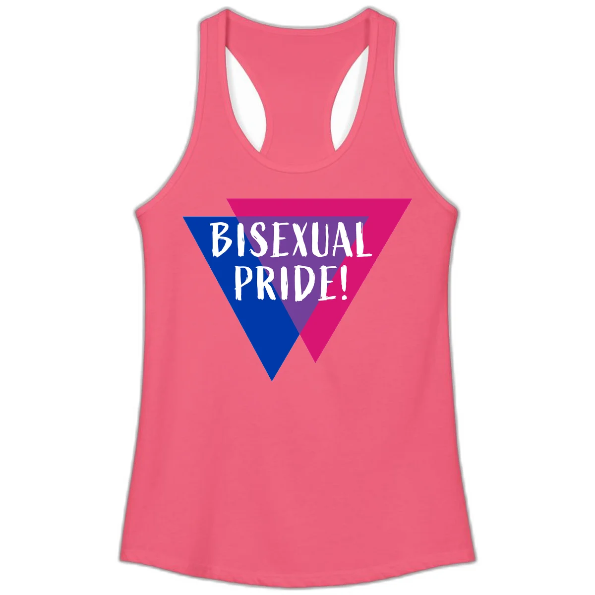 Bisexual pride flag triangle with blue, purple, and magenta sections and white text reading BISEXUAL PRIDE! in Hot Pink