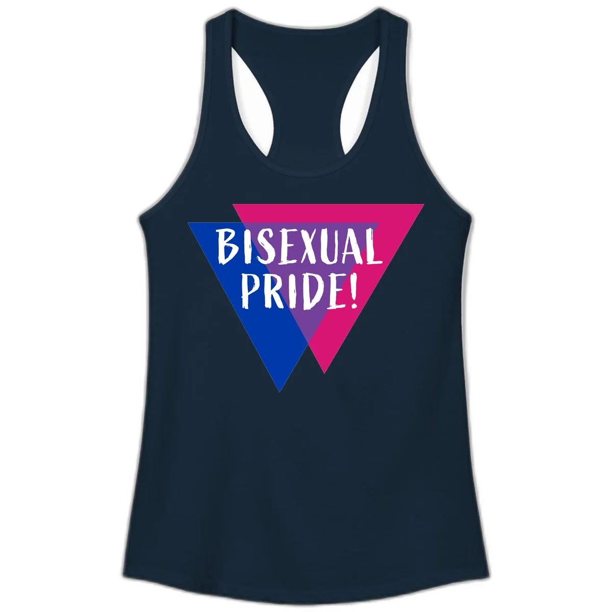 Bisexual pride flag triangle with blue, purple, and magenta sections and white text reading BISEXUAL PRIDE! in Solid Midnight Navy