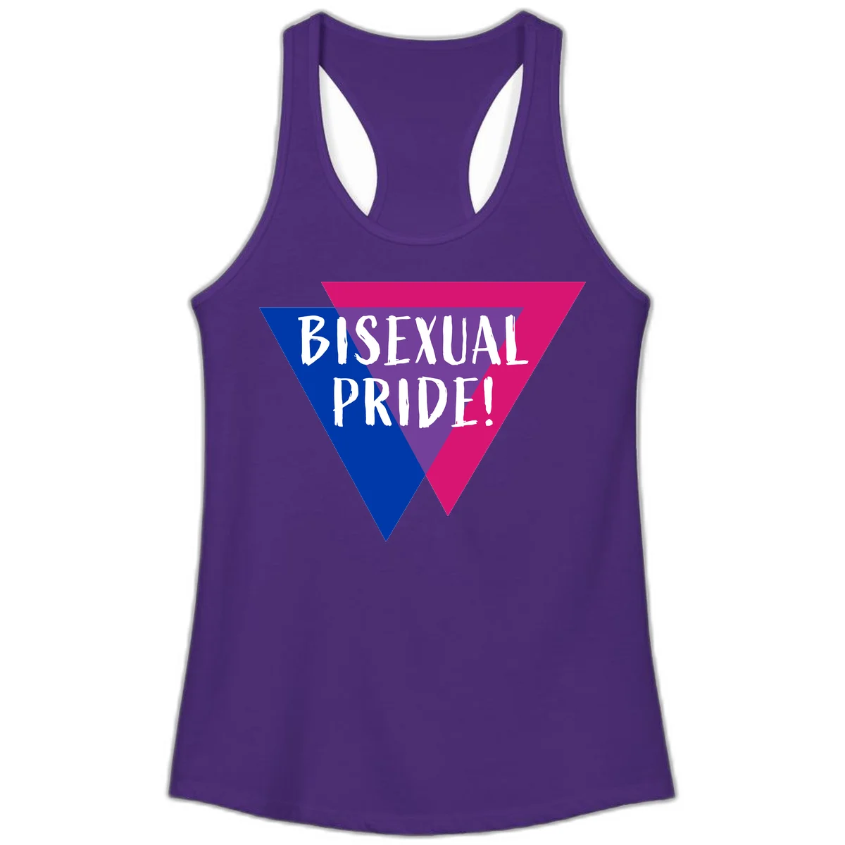 Bisexual pride flag triangle with blue, purple, and magenta sections and white text reading BISEXUAL PRIDE! in Solid Purple Rush