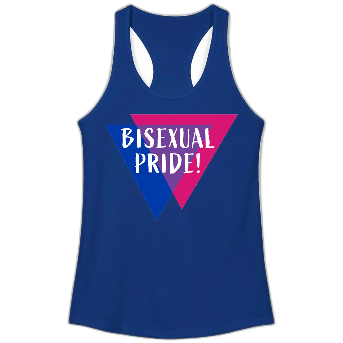 Bisexual pride flag triangle with blue, purple, and magenta sections and white text reading BISEXUAL PRIDE! in Solid Royal