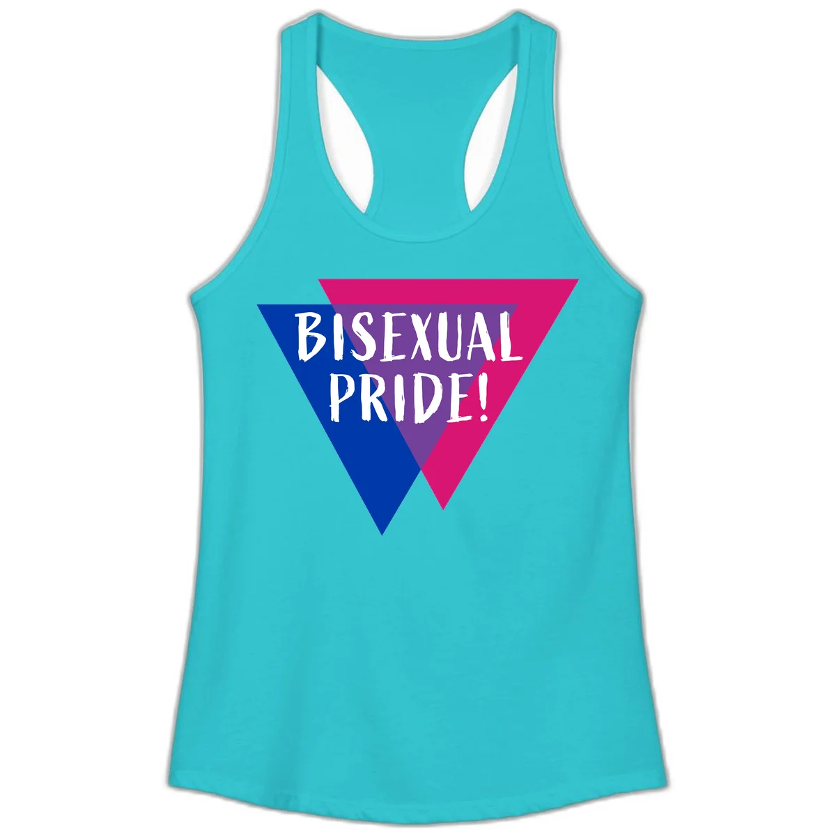 Bisexual pride flag triangle with blue, purple, and magenta sections and white text reading BISEXUAL PRIDE! in Solid Tahiti Blue