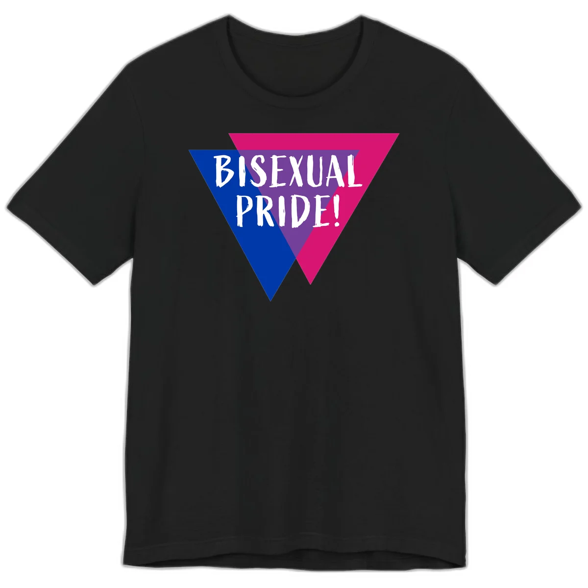 Bisexual pride flag triangle with blue, purple, and magenta sections and white text reading BISEXUAL PRIDE! in Black
