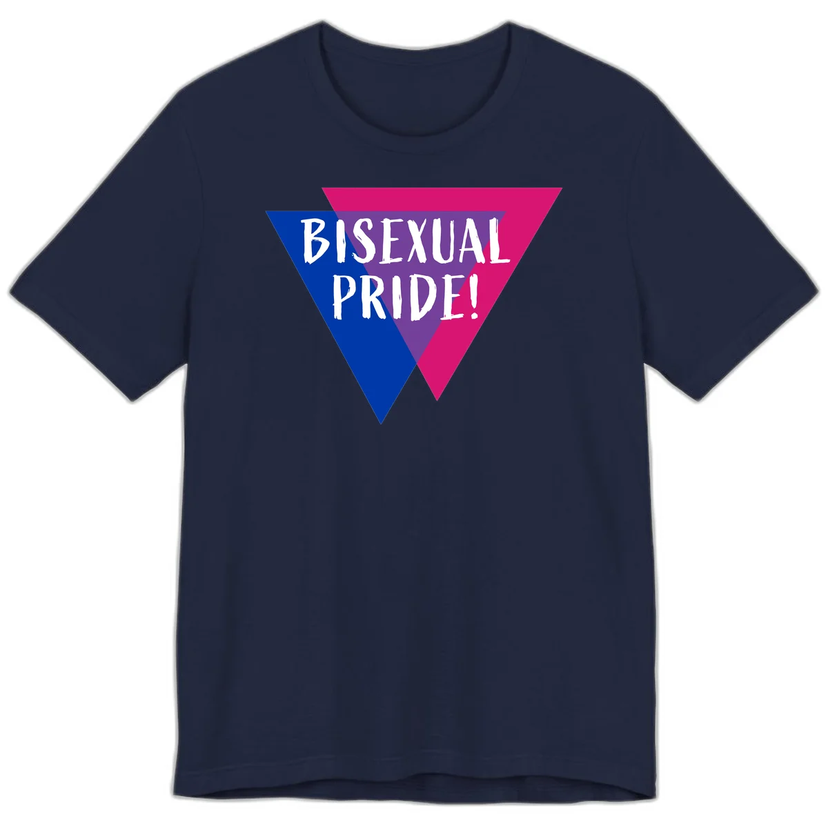 Bisexual pride flag triangle with blue, purple, and magenta sections and white text reading BISEXUAL PRIDE! in Navy